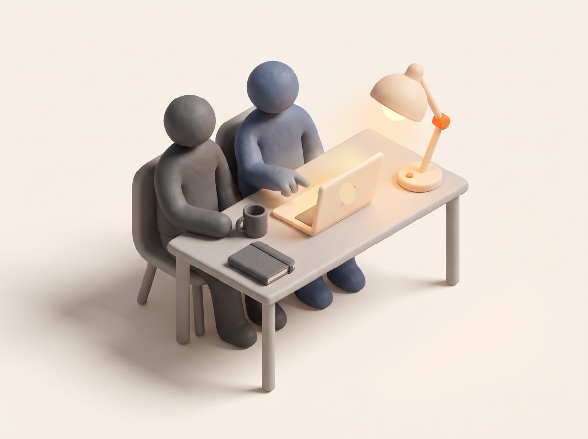 Two clay figures at a desk with a laptop, one pointing at the screen