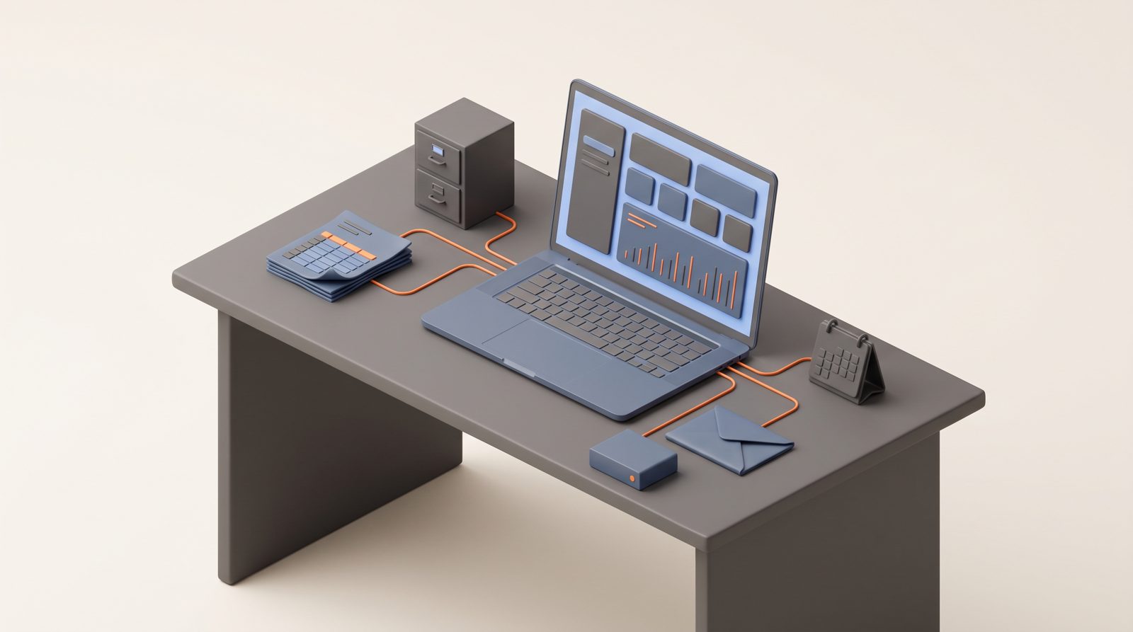 An isometric desk where a laptop is fed by thin lines from spreadsheets, a filing cabinet, a server, email and a calendar